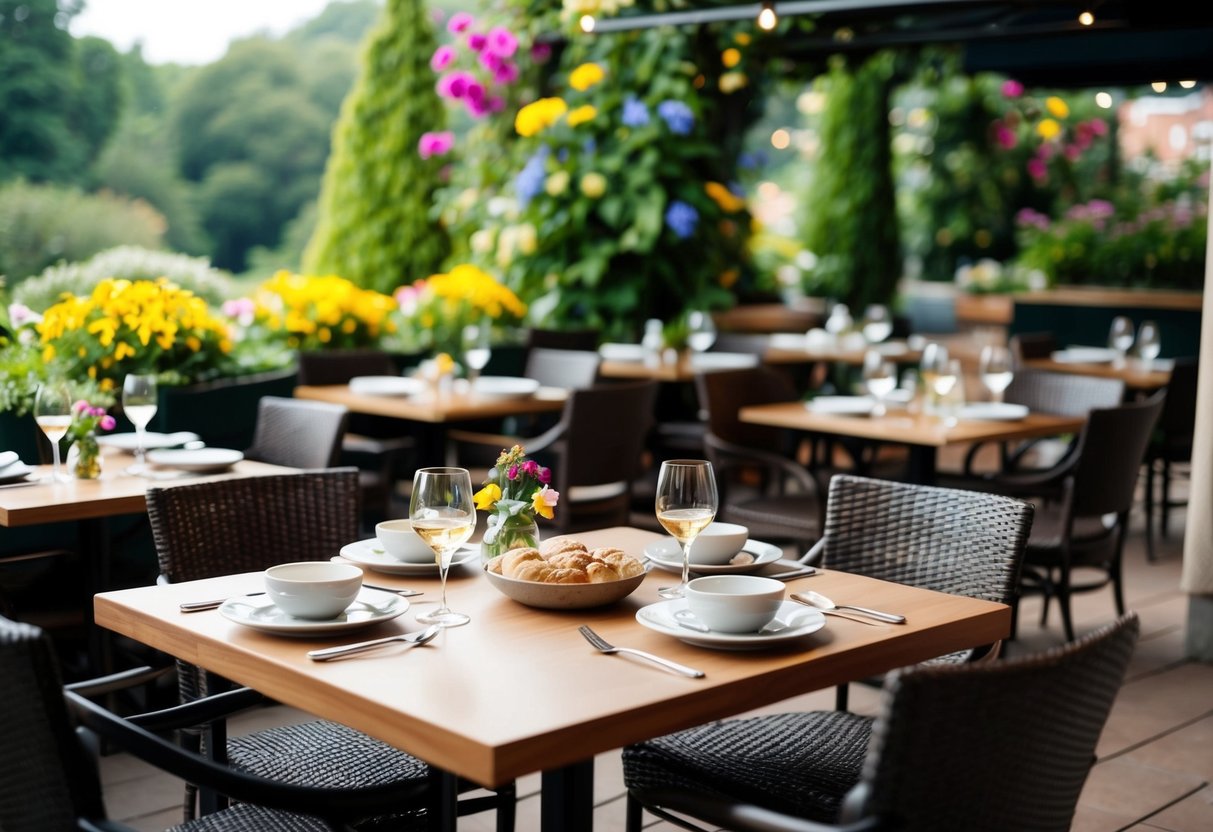A cozy bistro with outdoor seating, surrounded by lush greenery and colorful flowers. Tables set with elegant tableware and fresh pastries, while the aroma of coffee fills the air