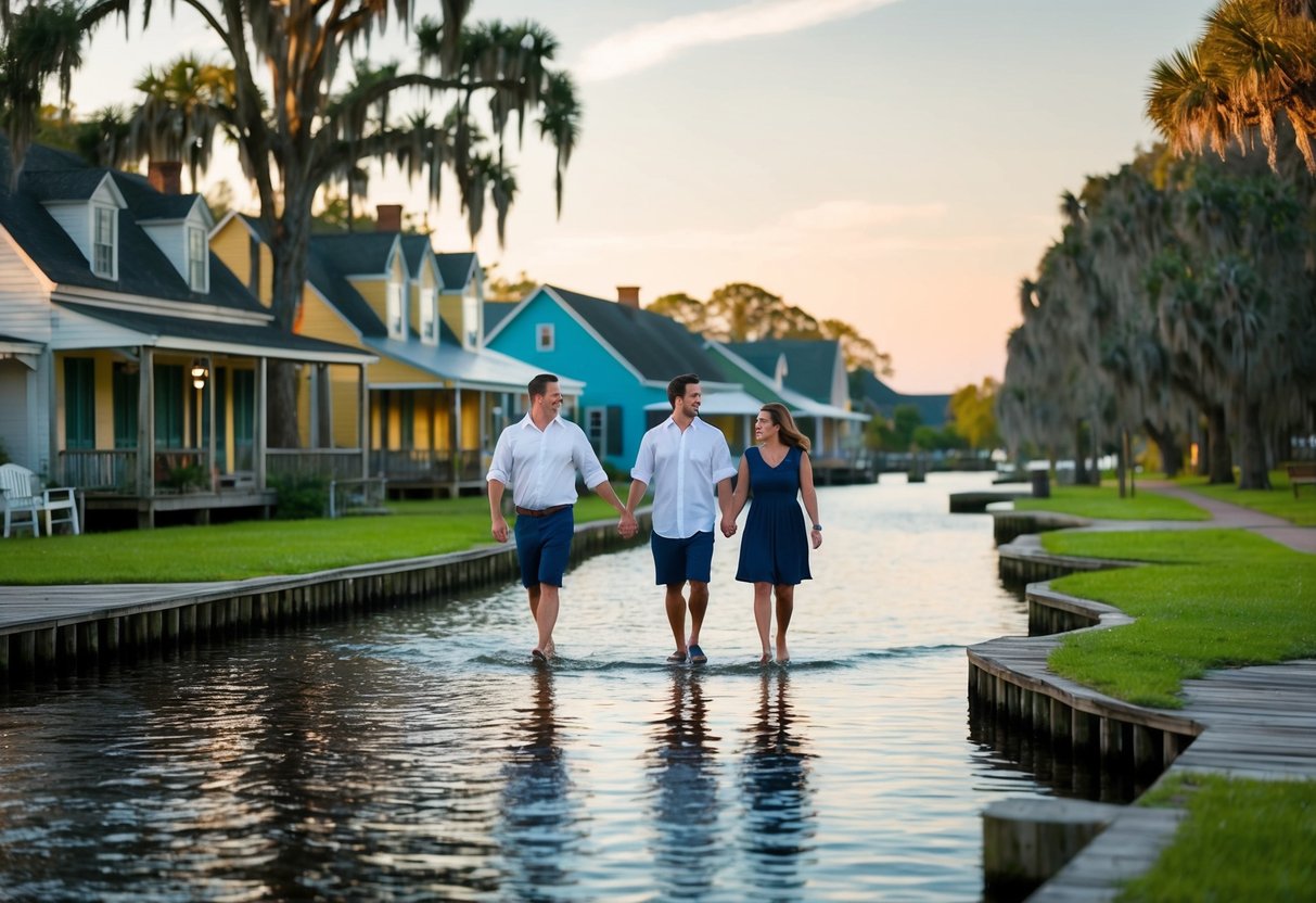 Vermilionville Historic Village: couples strolling by the bayou, exploring restored Acadian homes, and enjoying live Cajun music