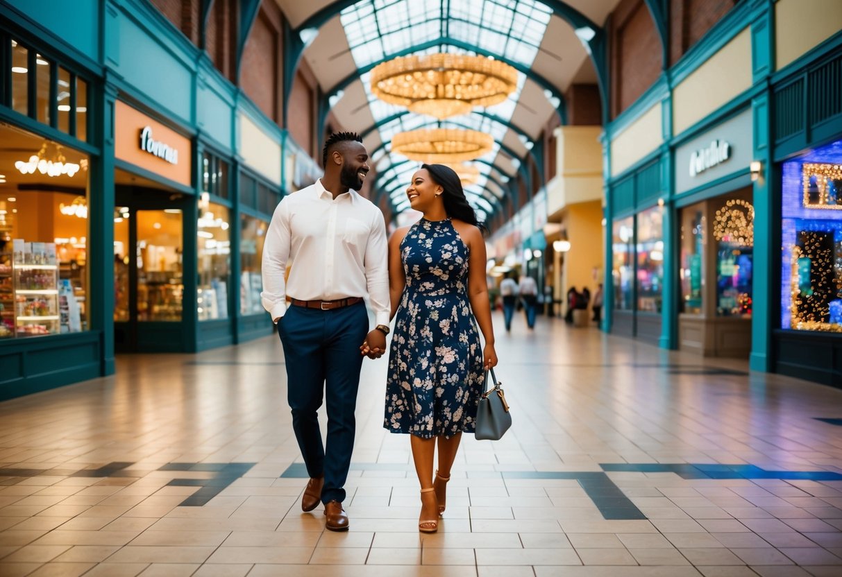 A couple strolling through Acadiana Mall, surrounded by shops and colorful displays, enjoying a date in Lafayette, LA