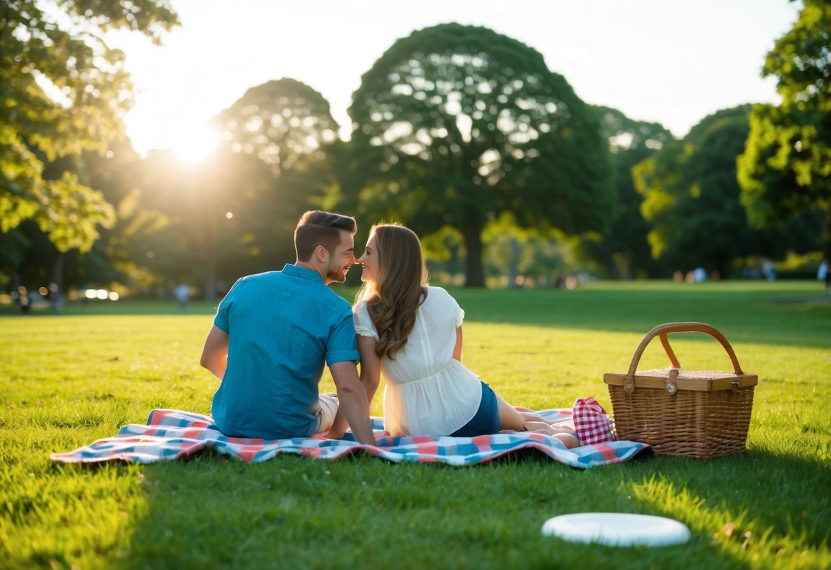 A couple sitting on a blanket in a grassy park, surrounded by trees and a setting sun, with a picnic basket and a frisbee nearby