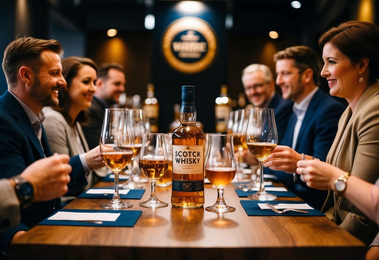 A table set with various glasses and bottles of whisky, surrounded by eager tasters at the Scotch Whisky Experience in Edinburgh