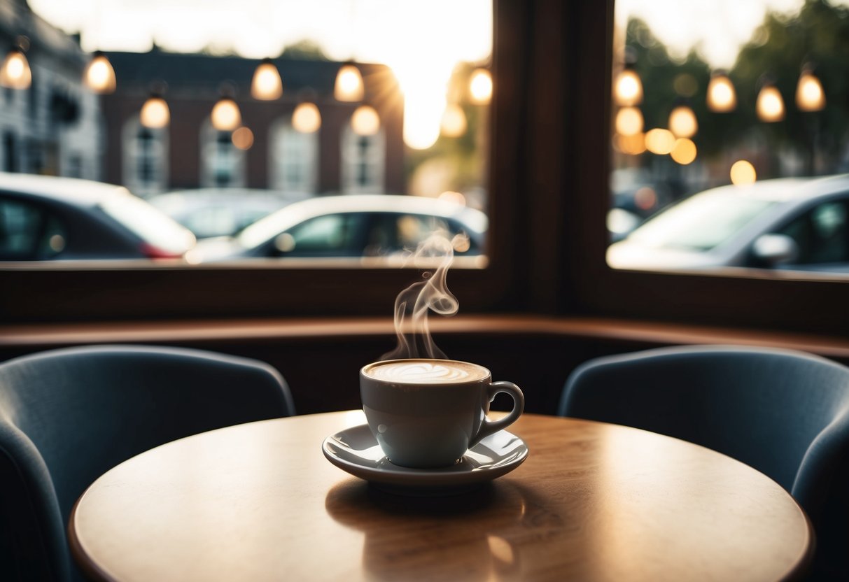A cozy coffee shop with two chairs by a window, a steaming cup of coffee on the table, and soft lighting creating a warm and inviting atmosphere