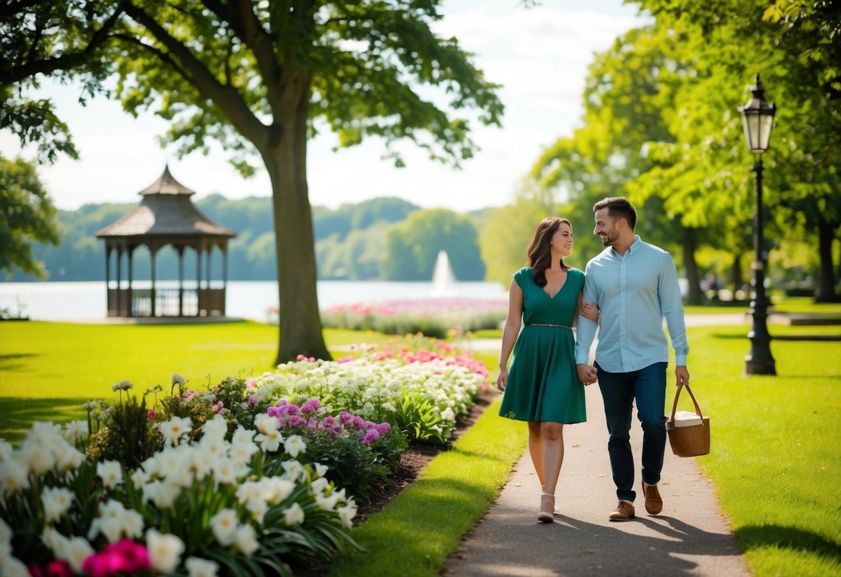 A couple strolling through a lush, flower-filled park with a serene lake and a charming gazebo in the background