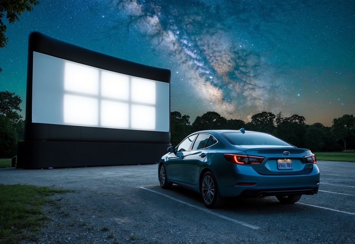 A car parked at a drive-in movie theater, with a large screen and a starry night sky above