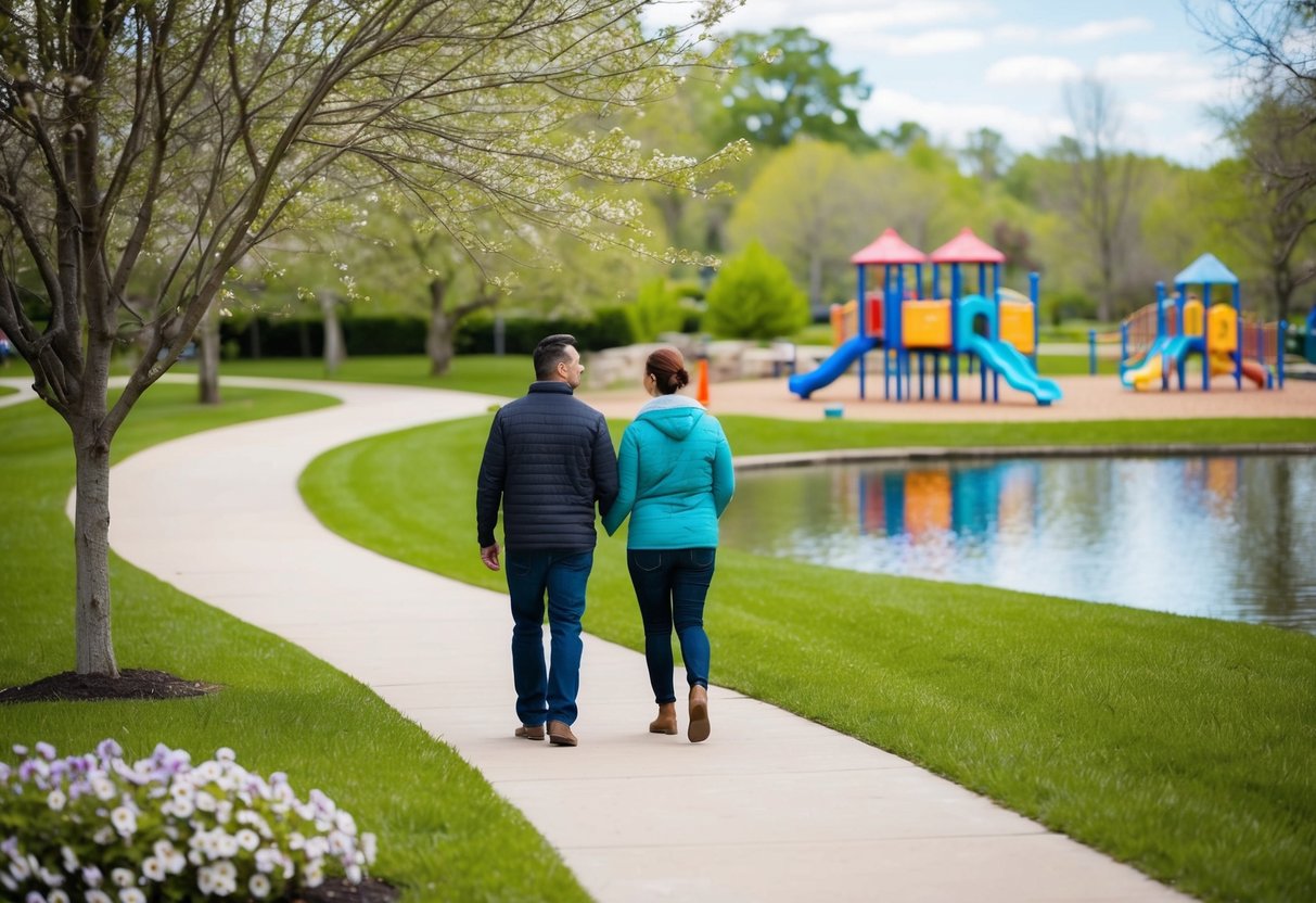 A couple walks along a winding path, passing by a tranquil pond and blooming flowers. A picnic area is nestled under a canopy of trees, with a colorful playground in the distance