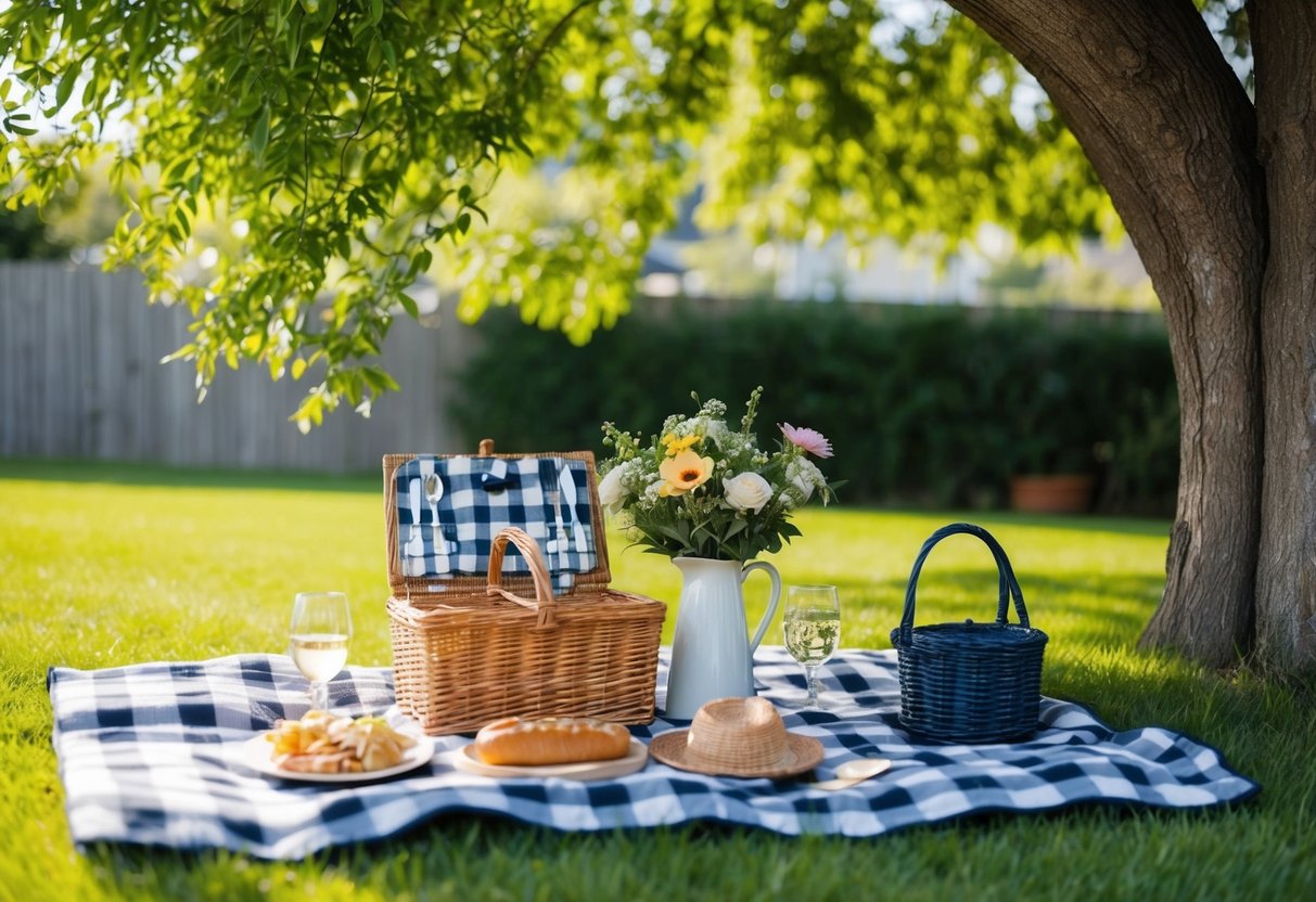 A cozy backyard picnic with a checkered blanket, basket of food, and a vase of flowers, set beneath a shady tree on a sunny afternoon