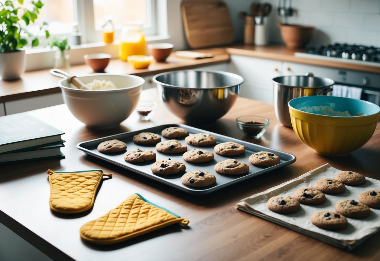 A kitchen table with ingredients, mixing bowls, and a tray of freshly baked cookies, surrounded by two pairs of oven mitts and a recipe book