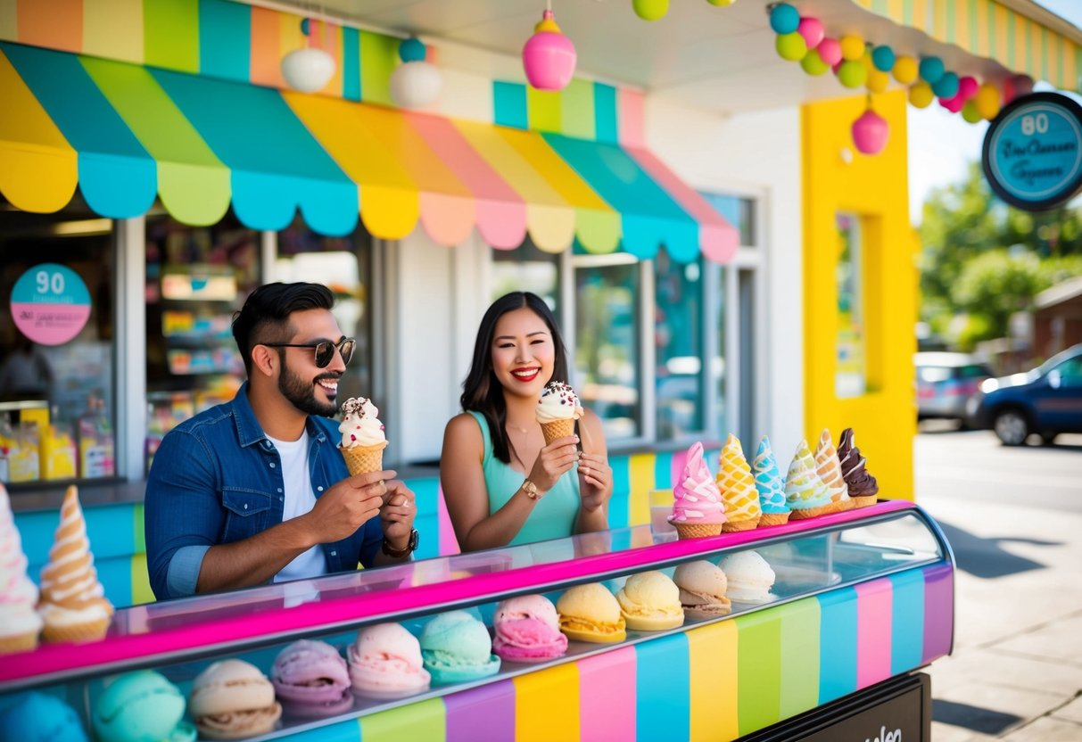 A colorful ice cream shop with a variety of flavors and toppings, with two people enjoying cones outside on a sunny afternoon