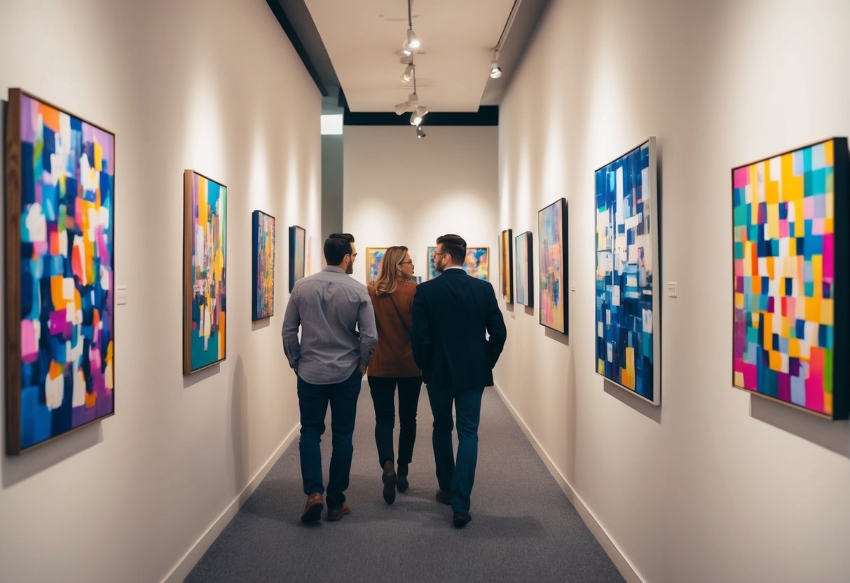 Colorful paintings line the gallery walls, bathed in soft light. Visitors stroll, admiring the diverse artwork. A couple lingers by a vibrant abstract piece
