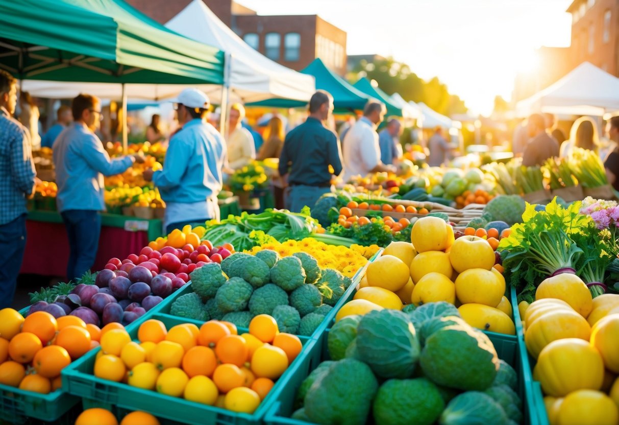 Colorful produce and flowers fill the bustling farmers' market. Vendors chat with customers while the sun casts a warm glow over the scene