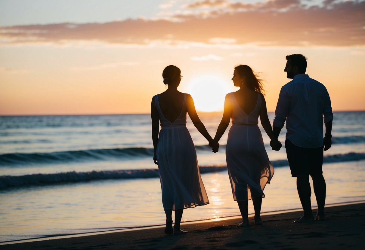 A couple's silhouette on a beach at sunset, holding hands and looking out at the ocean