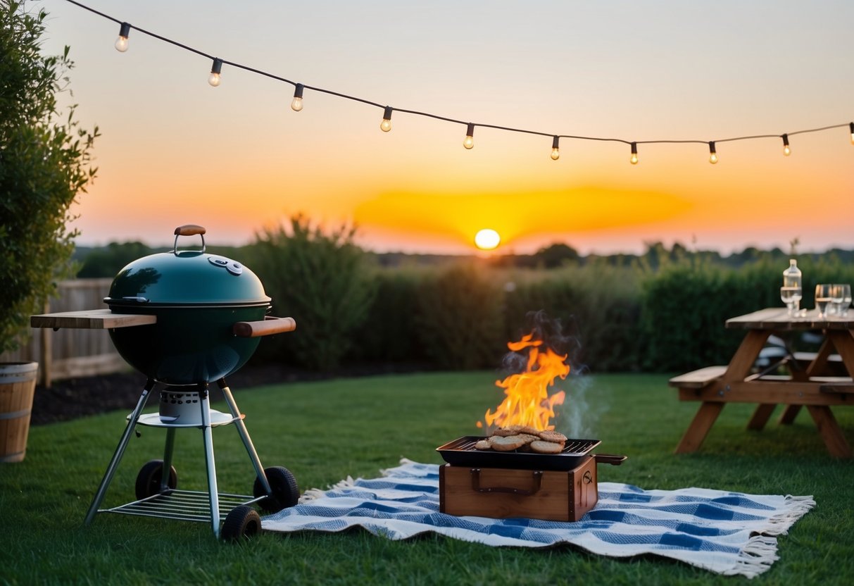 A cozy backyard BBQ with a picnic blanket, grill, and twinkle lights under a setting sun