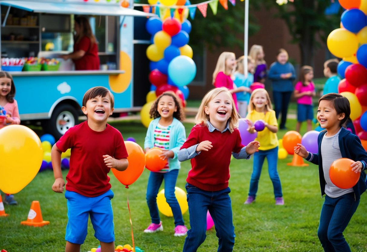Children playing games and laughing at a community event after school. Balloons and colorful decorations fill the area. A food truck is serving snacks