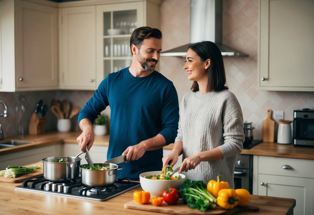 A couple standing side by side in a cozy kitchen, chopping vegetables and stirring pots on the stove as they prepare a meal together