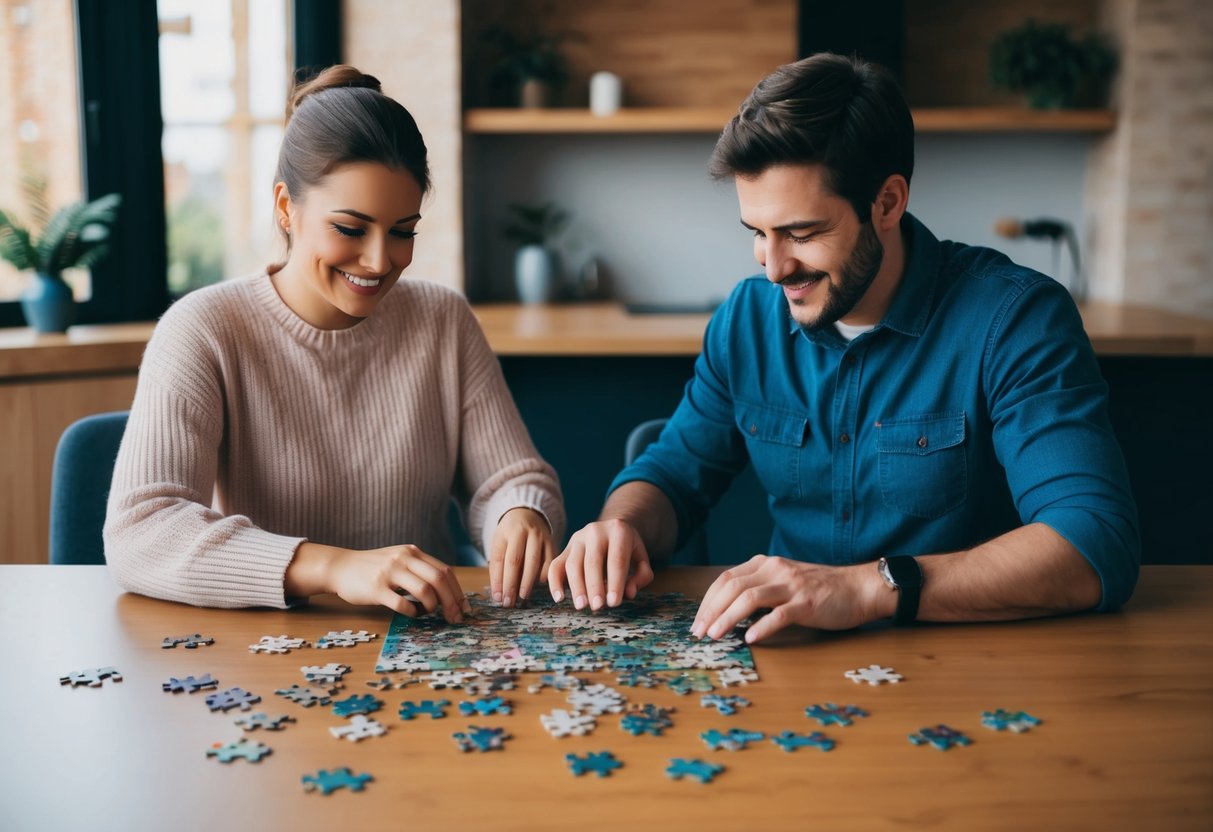 Two people sitting at a table, working on a puzzle together with scattered puzzle pieces and a cozy atmosphere
