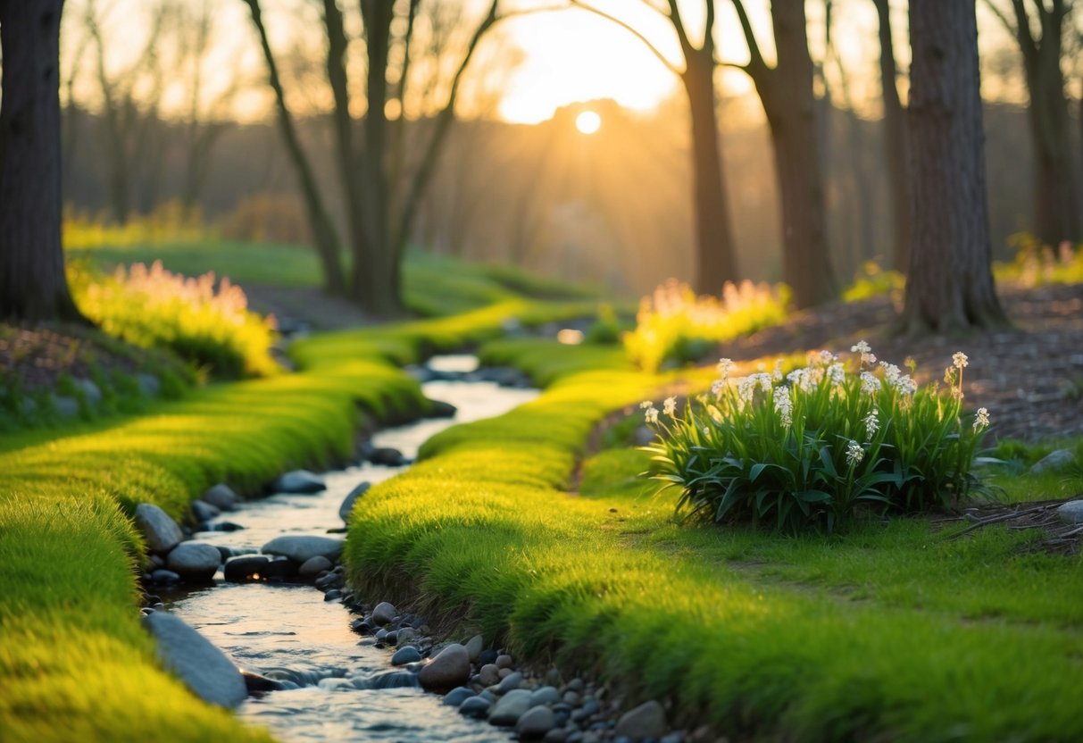 A winding nature trail with trees, flowers, and a small stream, bathed in the warm glow of the setting sun