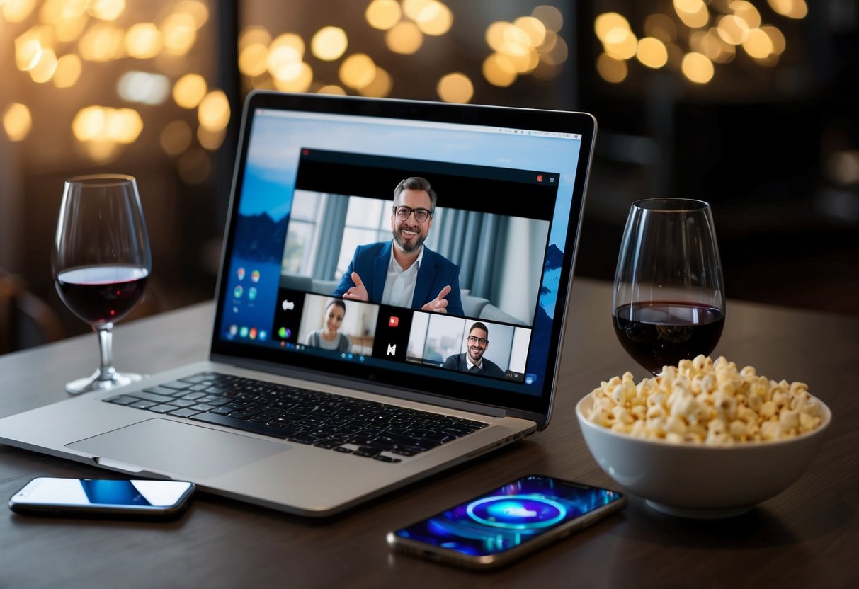 A laptop and phone on a table, showing a movie and a video call. Two glasses of wine and a bowl of popcorn nearby