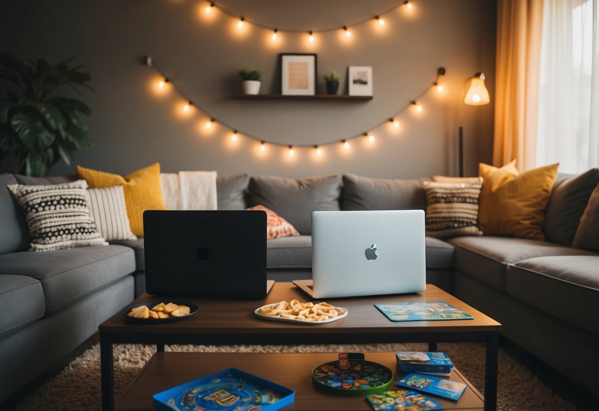 A cozy living room with two laptops on a coffee table, surrounded by snacks and board games. A warm glow from string lights creates a romantic atmosphere