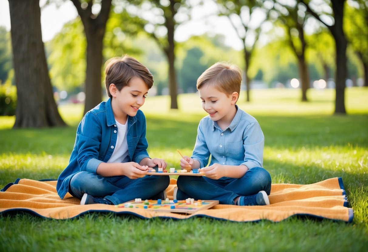 Two children sitting on a blanket in a park, surrounded by trees and grass. They are playing board games and sharing snacks, enjoying quality time together after school