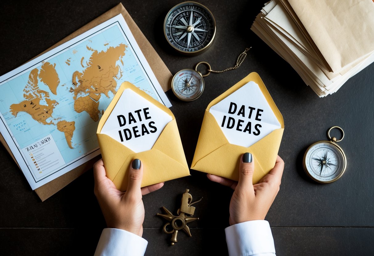 Two hands holding envelopes with date ideas, surrounded by a map, a compass, and a stack of letters