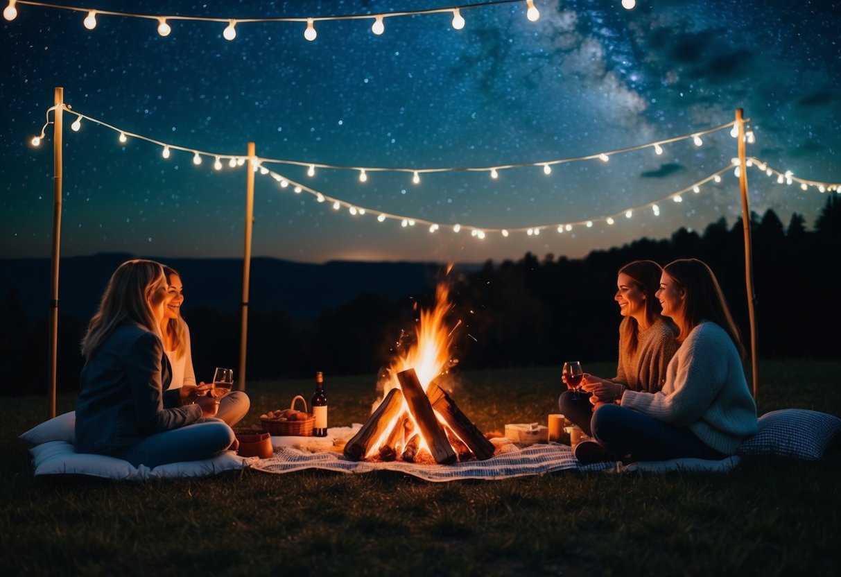 A cozy picnic under a starry night sky, with fairy lights and a crackling bonfire
