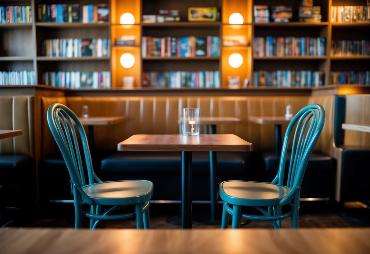 A cozy cafe with two empty chairs facing each other, surrounded by warm lighting and a bookshelf filled with board games and novels