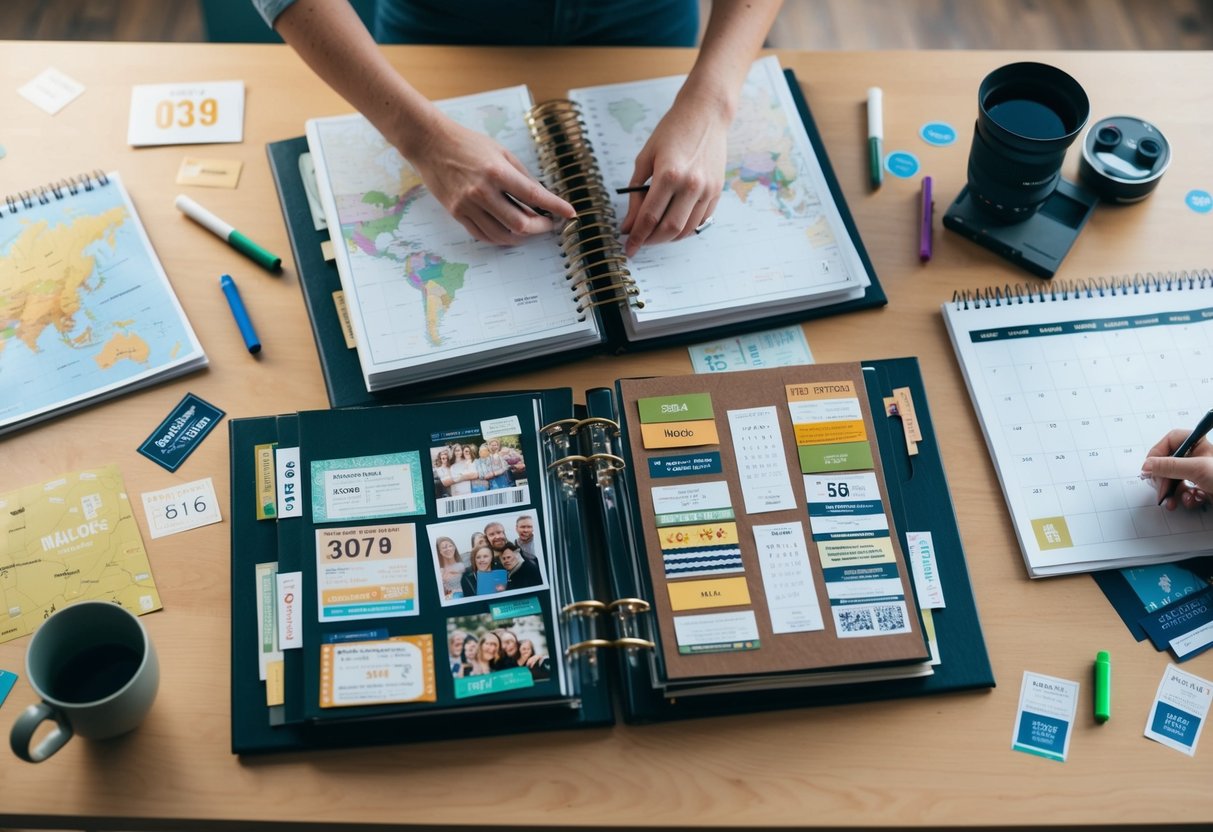 A table with two open scrapbooks, surrounded by photos, tickets, and mementos from various dates. A map and a calendar are spread out, with markers and stickers scattered around