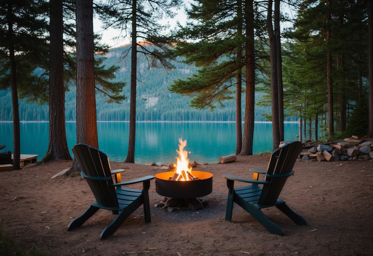 A cozy cabin nestled in a forest clearing, with a crackling fire pit and two empty chairs facing a serene lake