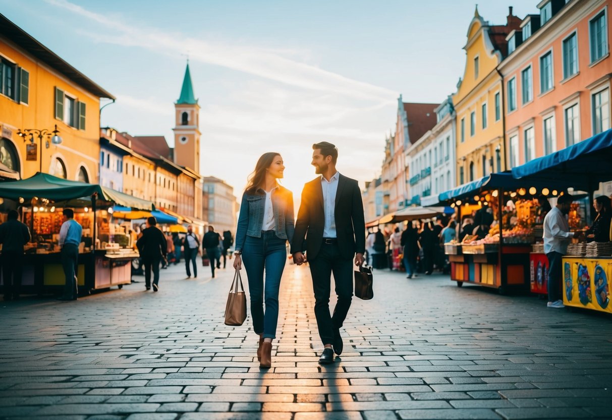 A couple strolling through a bustling city square, surrounded by colorful buildings and street vendors, with the sun setting in the background