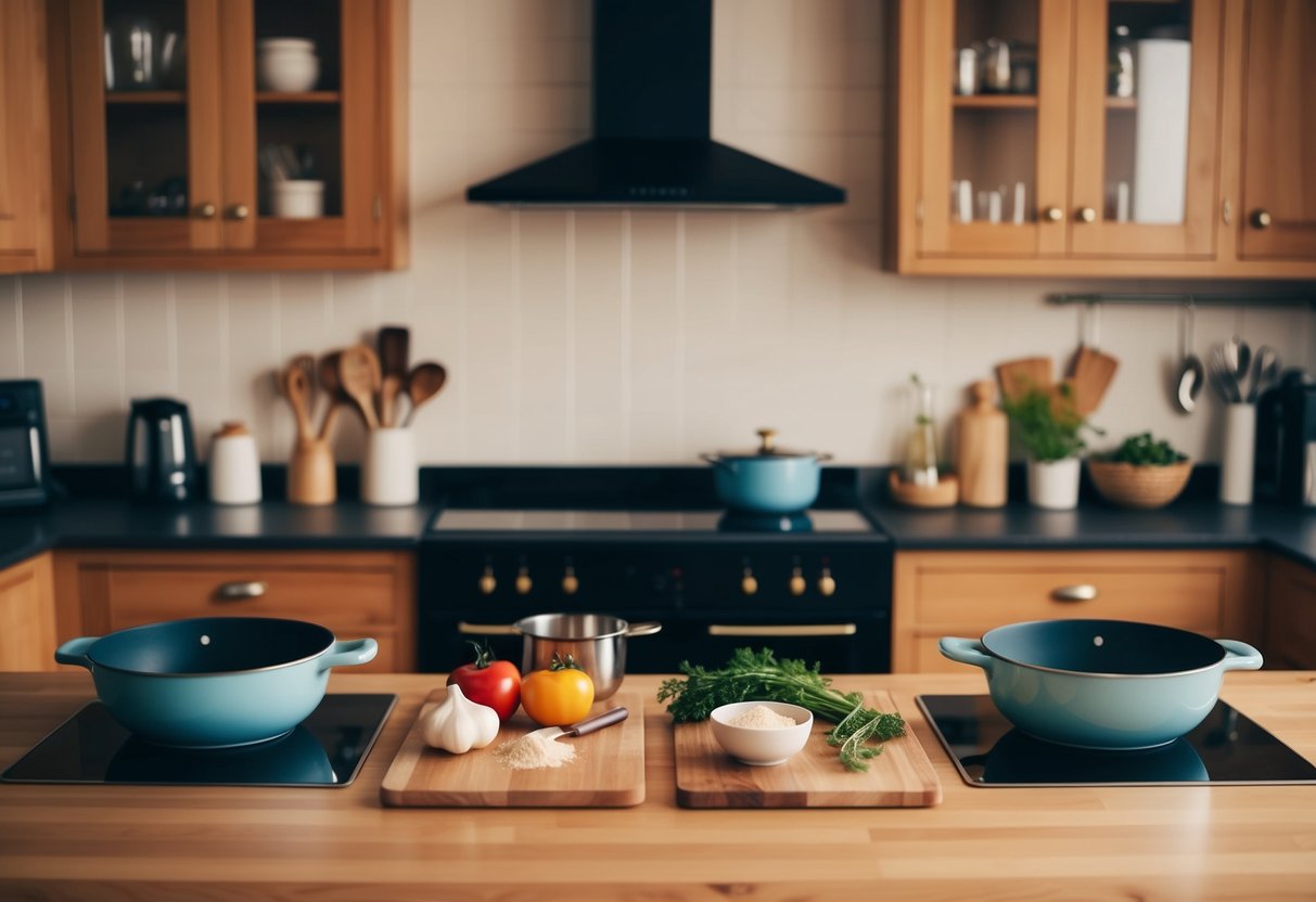 A cozy kitchen with two sets of cooking utensils and ingredients laid out on the counter, with a warm and inviting atmosphere