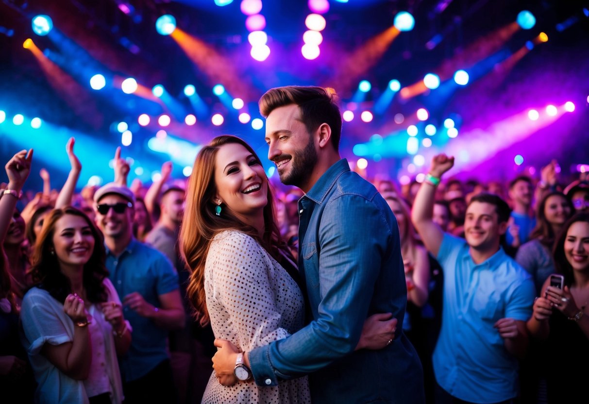 A couple dances joyfully in a crowd, surrounded by colorful lights and music at a lively concert
