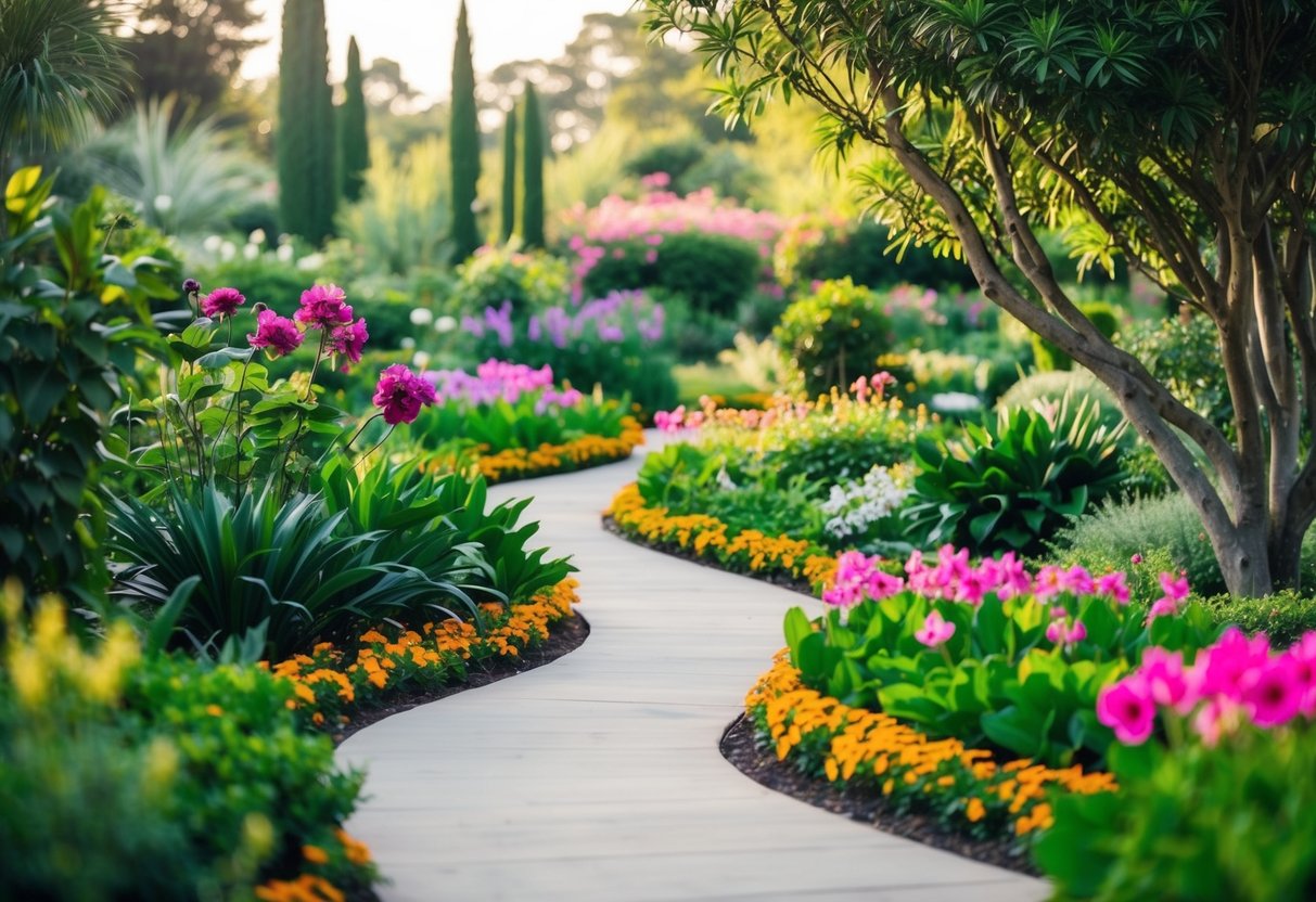 Lush botanical garden with winding paths and vibrant flowers, a serene setting for a romantic date