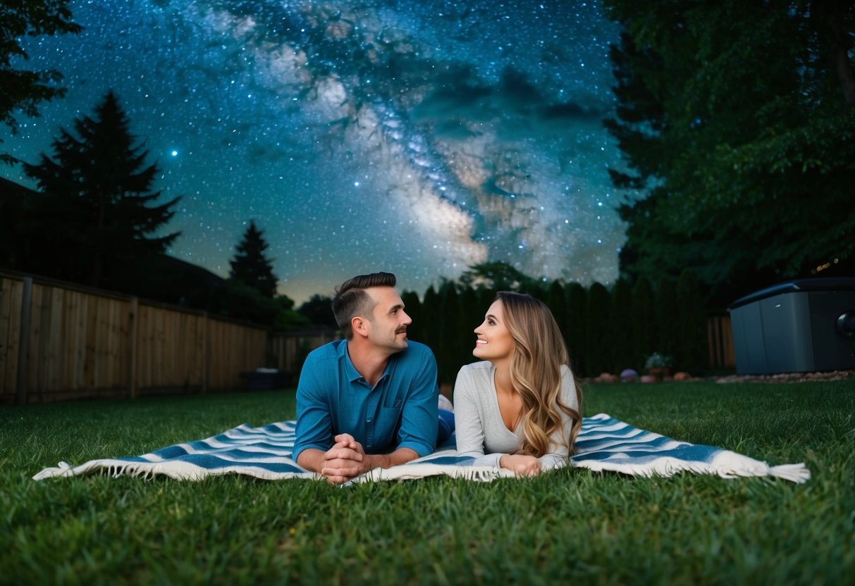 A couple lies on a blanket in a backyard, surrounded by trees, gazing up at the starry night sky