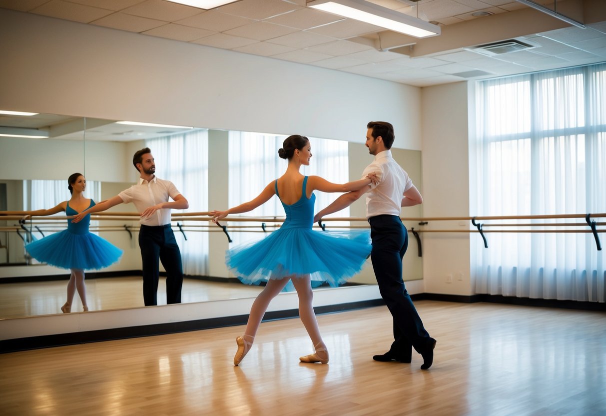 A couple gracefully twirls across a studio floor, surrounded by mirrors and ballet barres, as their dance instructor guides them through elegant movements