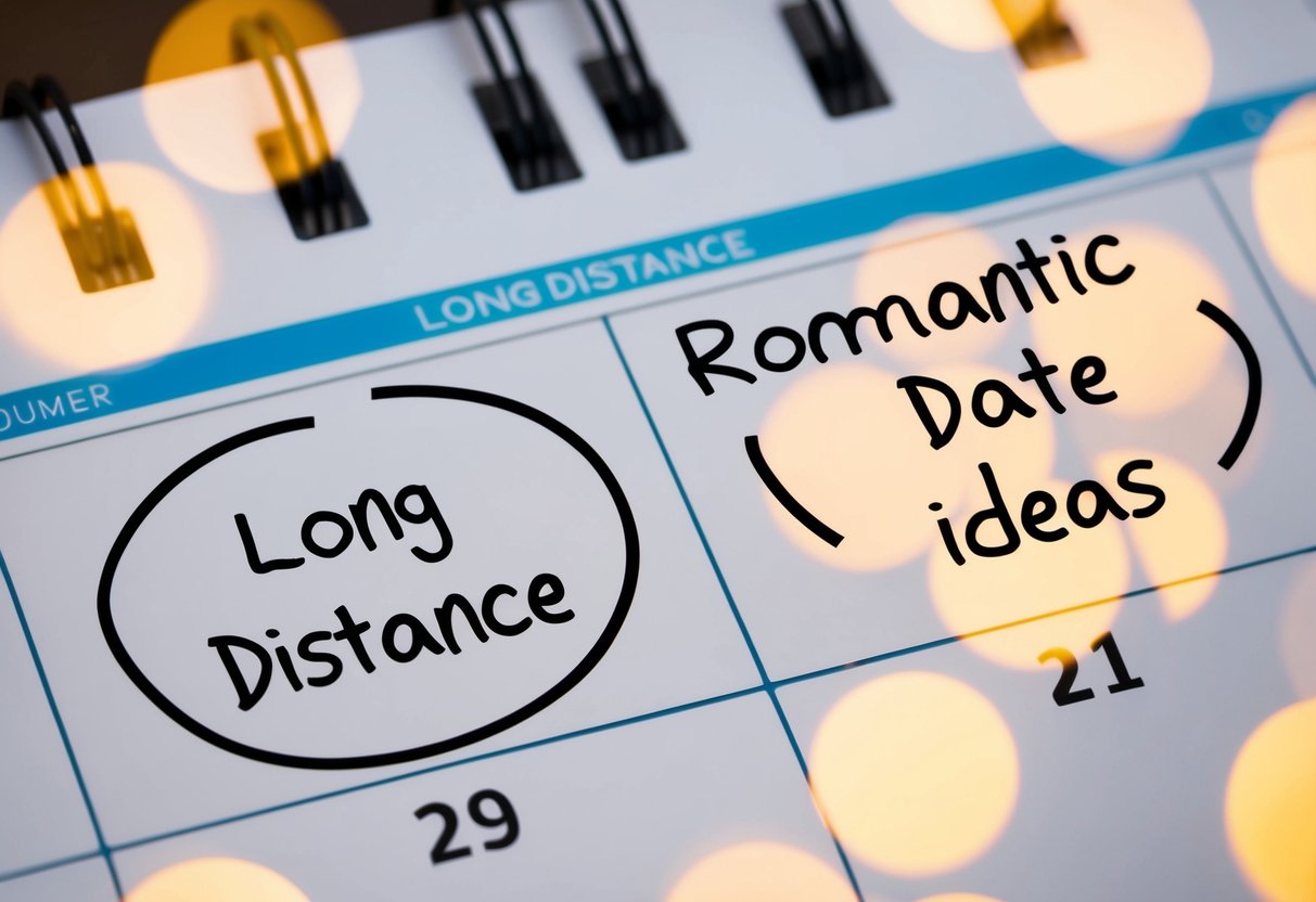 A calendar with two dates circled, one showing the end of long distance and the other with romantic date ideas written around it