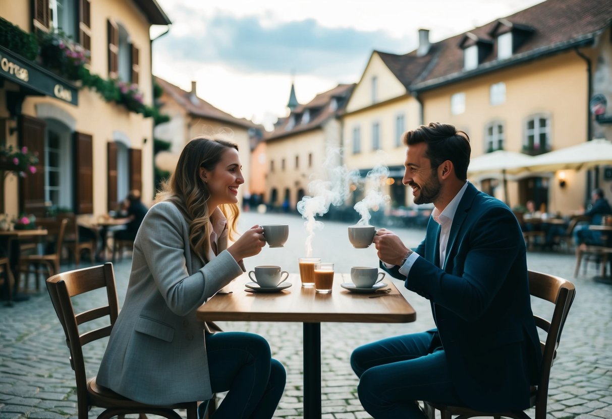 A cozy cafe nestled in a charming town square, with couples enjoying intimate conversations over steaming cups of coffee