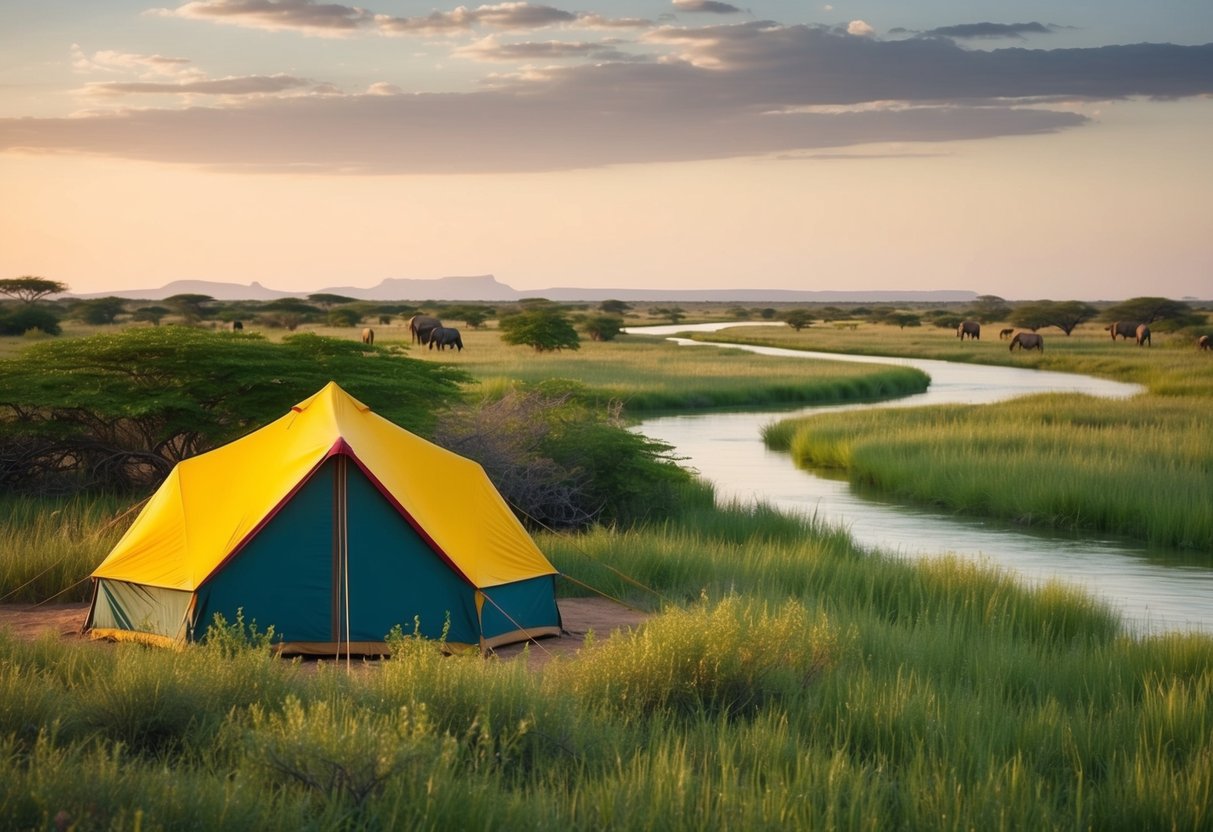 A colorful tent nestled among lush greenery in Botswana's Okavango Delta, with a winding river and diverse wildlife in the background