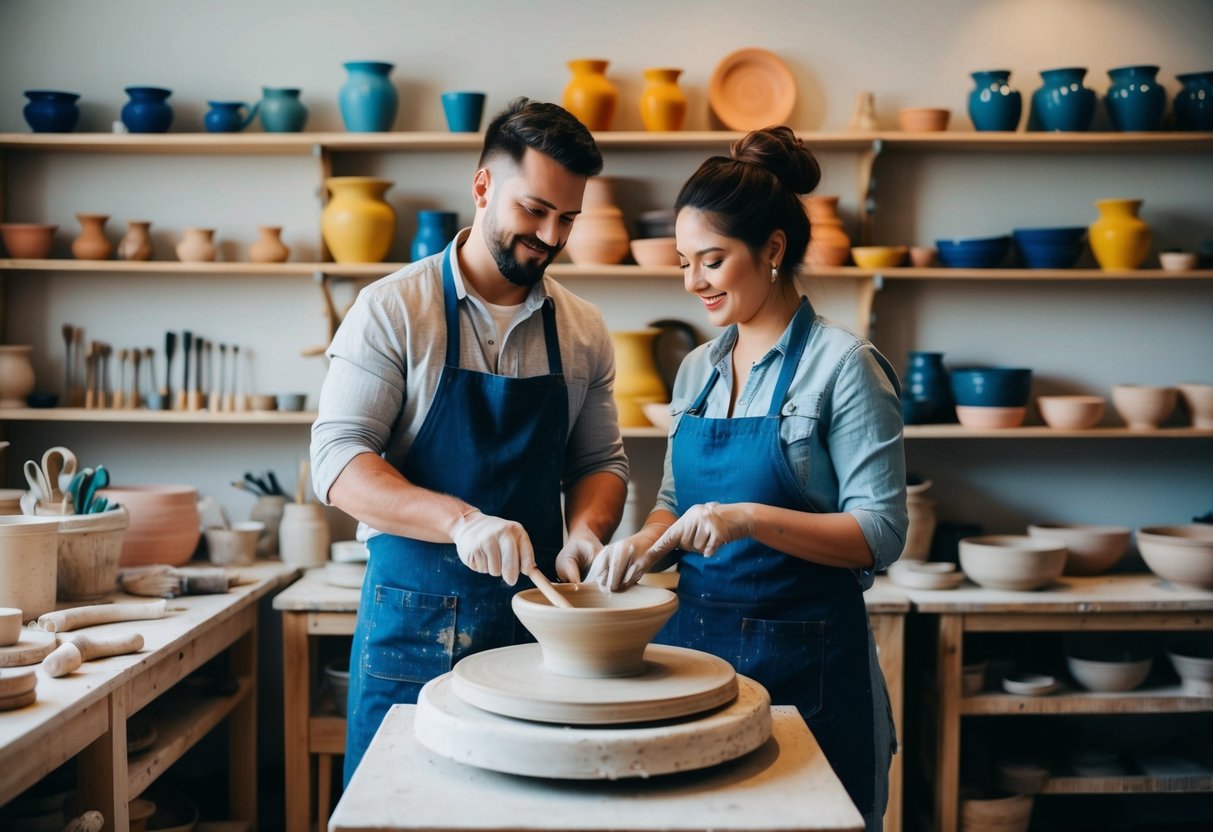A couple molds clay on a spinning wheel, surrounded by shelves of colorful pottery and tools in a cozy, well-lit studio