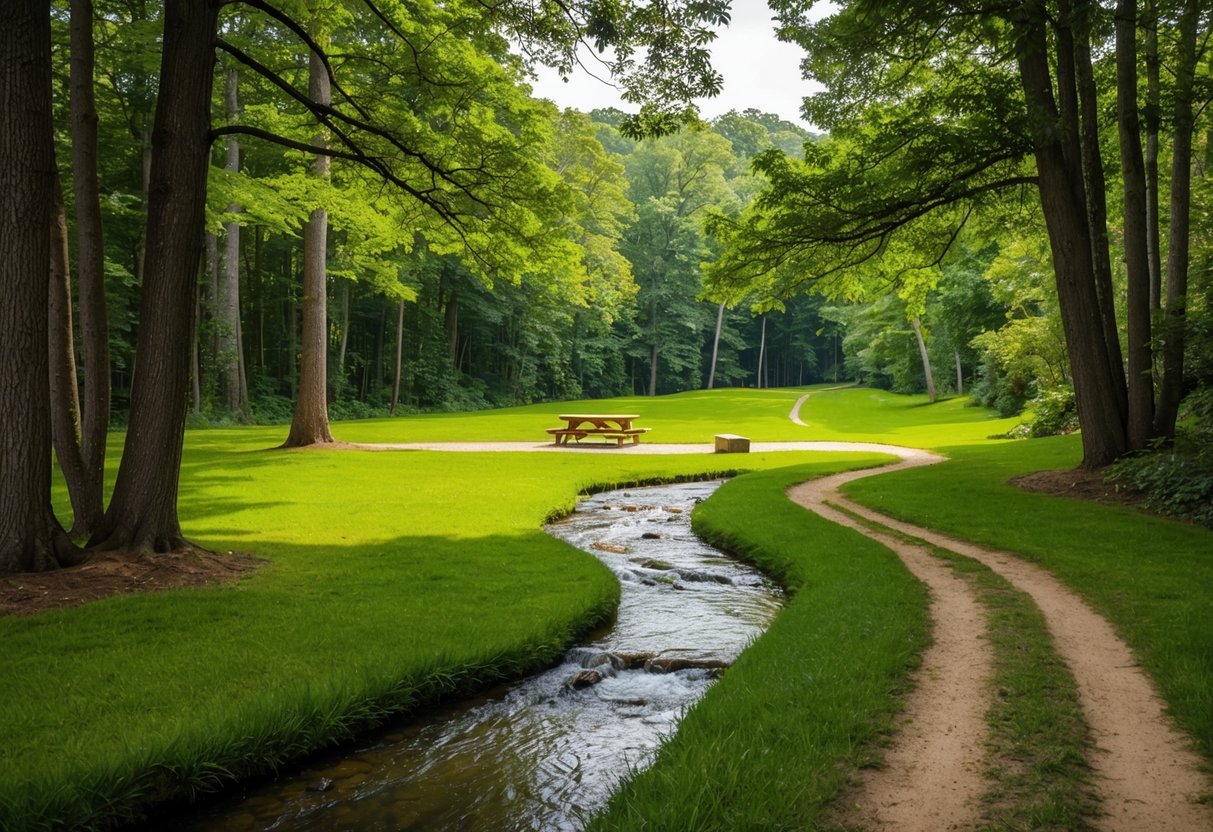 A winding trail leads through lush forest to a tranquil clearing with a glistening stream and a grassy picnic spot nestled under the shade of towering trees