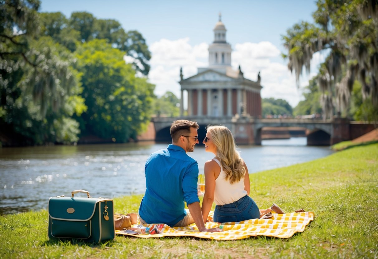 A couple picnicking by the Savannah River, surrounded by lush greenery and historic architecture in Augusta, GA