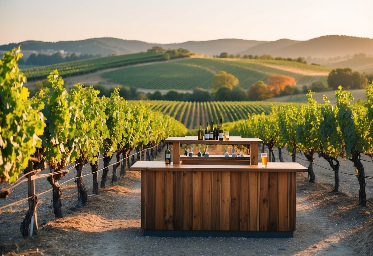 A rustic vineyard with rows of grapevines, a wooden tasting bar, and a picturesque view of rolling hills