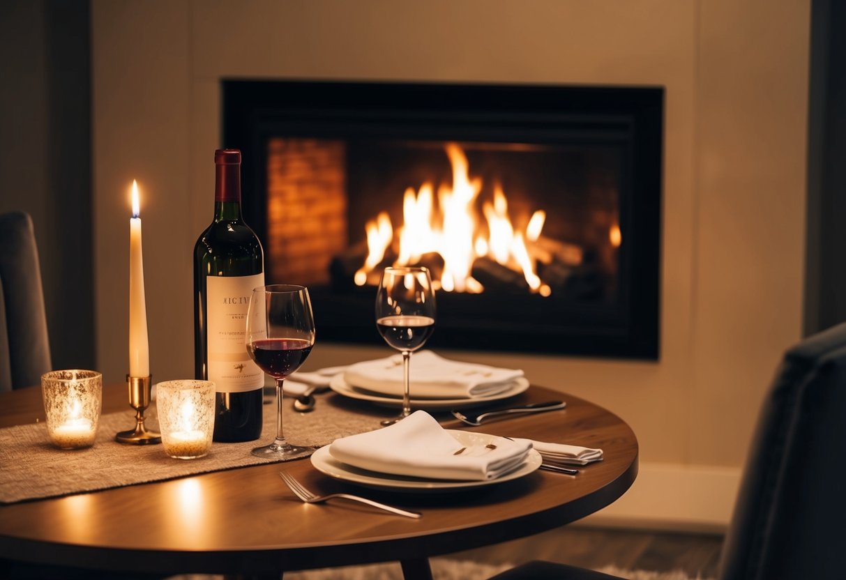 A cozy table for two by a flickering fireplace, with soft candlelight and a bottle of wine