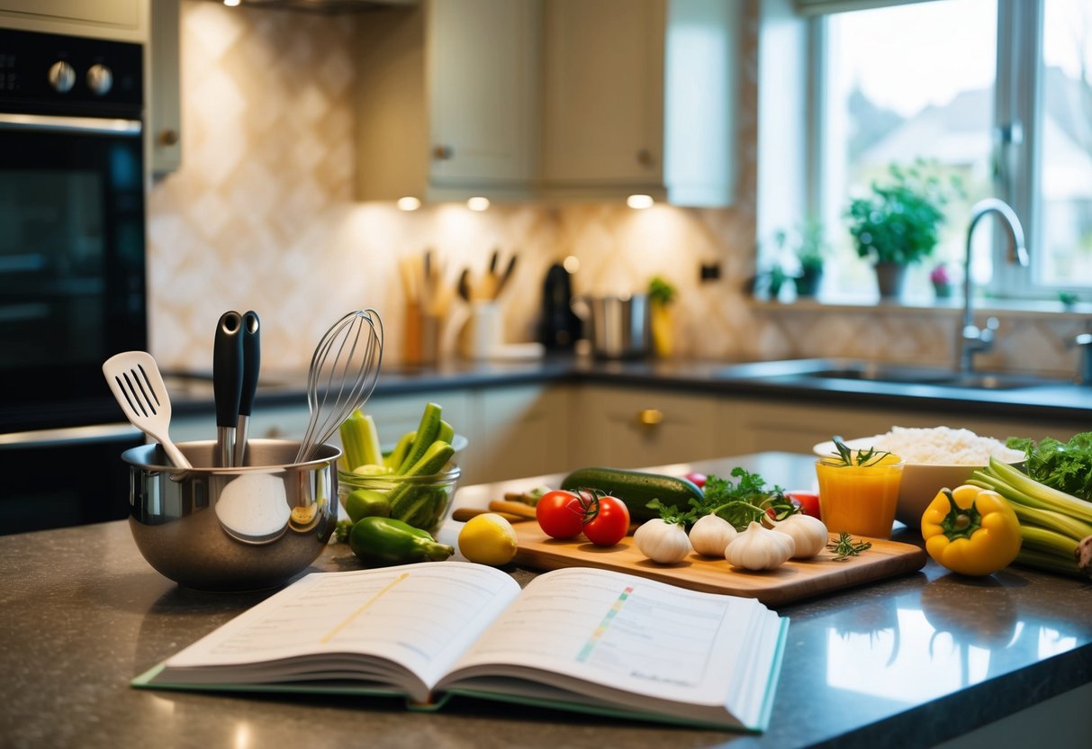 A cozy kitchen with two sets of cooking utensils, fresh ingredients, and a recipe book open on the counter