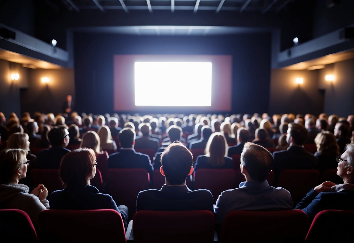 Audience sits in dim theater, eyes fixed on bright screen