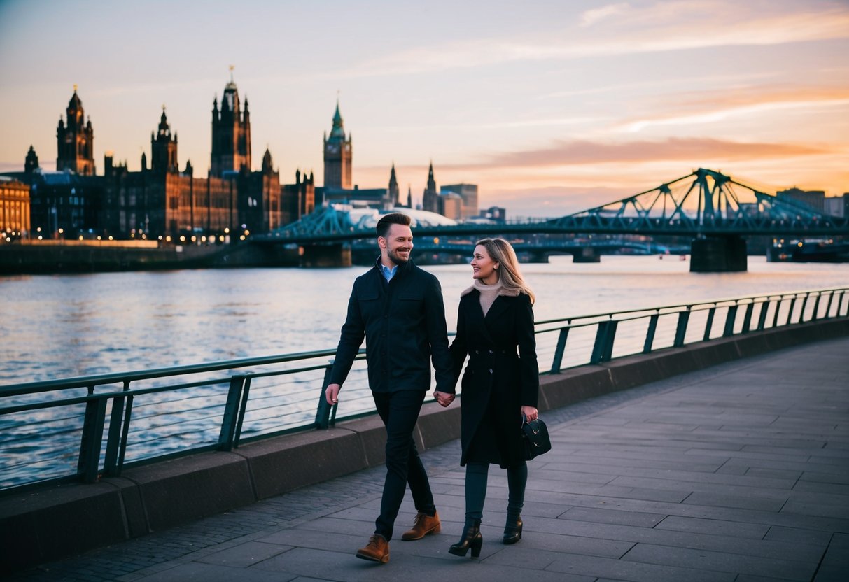A couple strolling along the River Clyde at sunset, passing by the iconic landmarks of Glasgow, with the city's skyline in the background