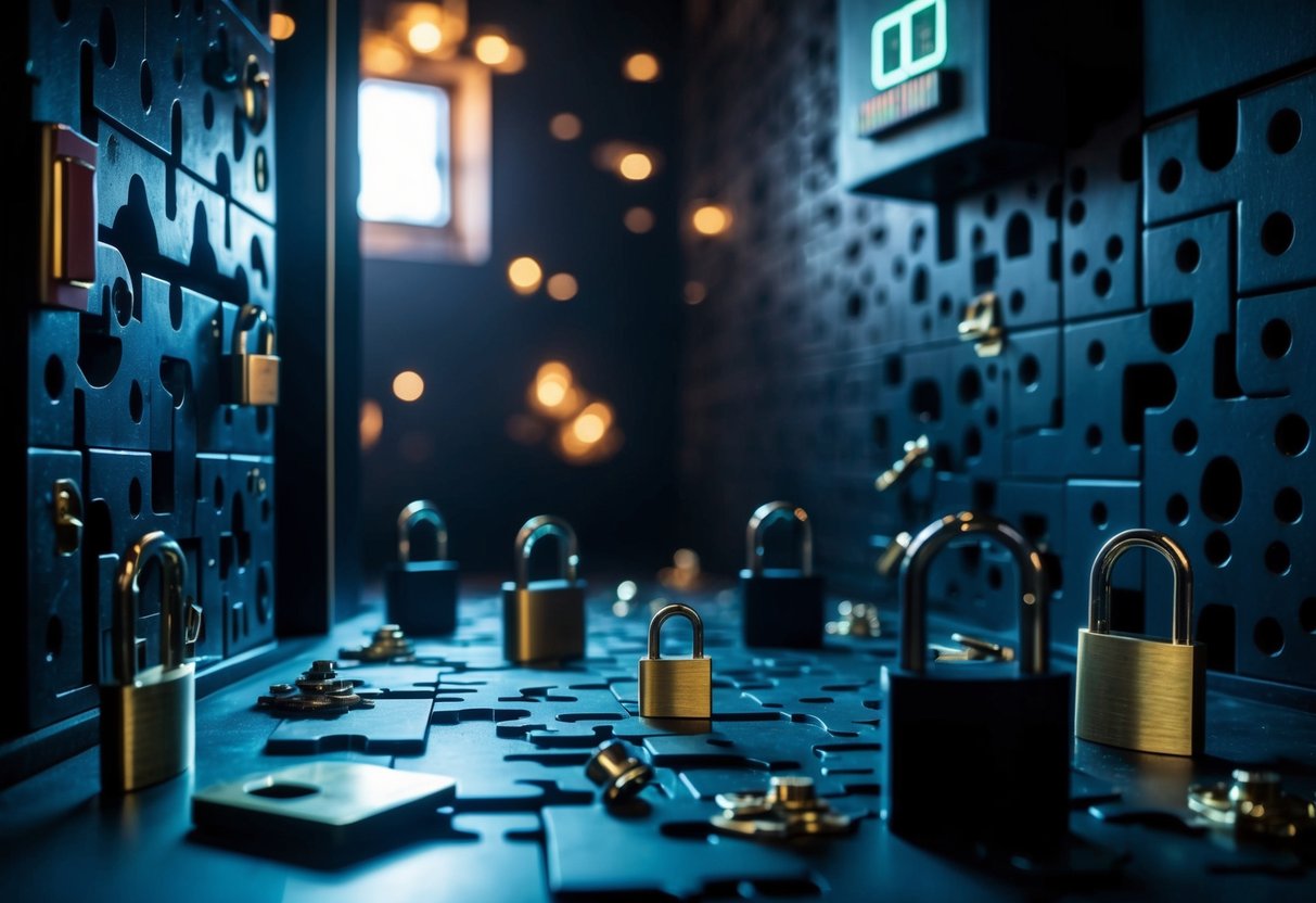 A dimly lit room with intricate puzzles, locks, and hidden clues scattered throughout. A countdown timer on the wall adds urgency