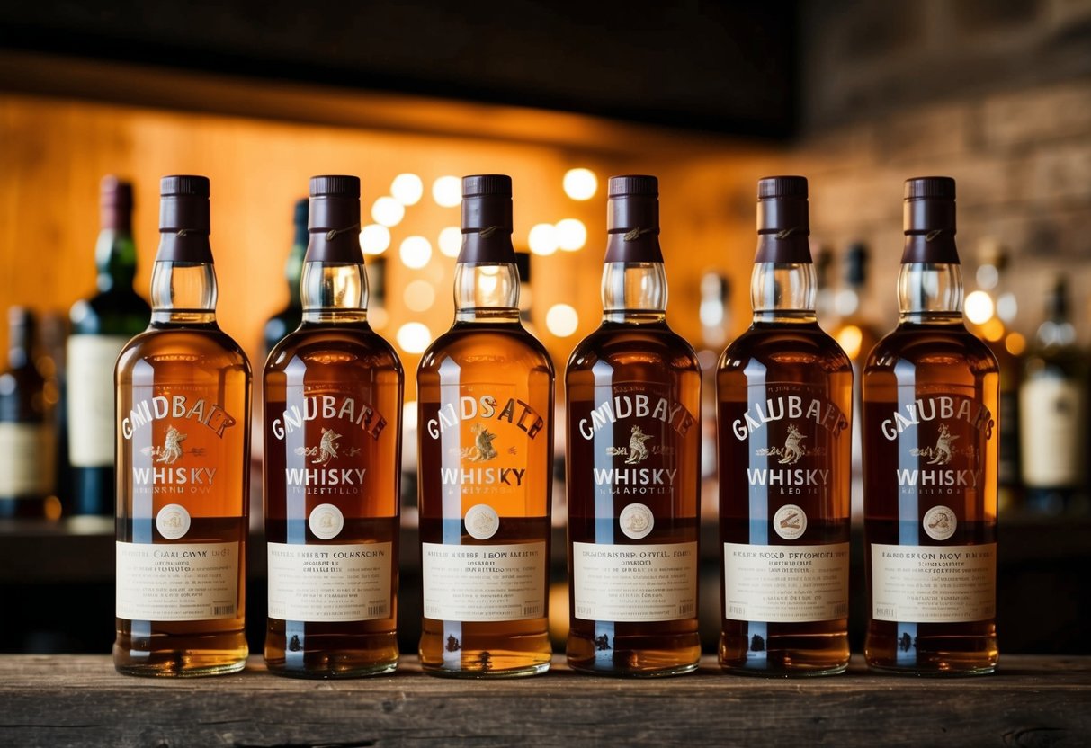 A row of whisky bottles on a rustic wooden shelf with warm lighting in the background