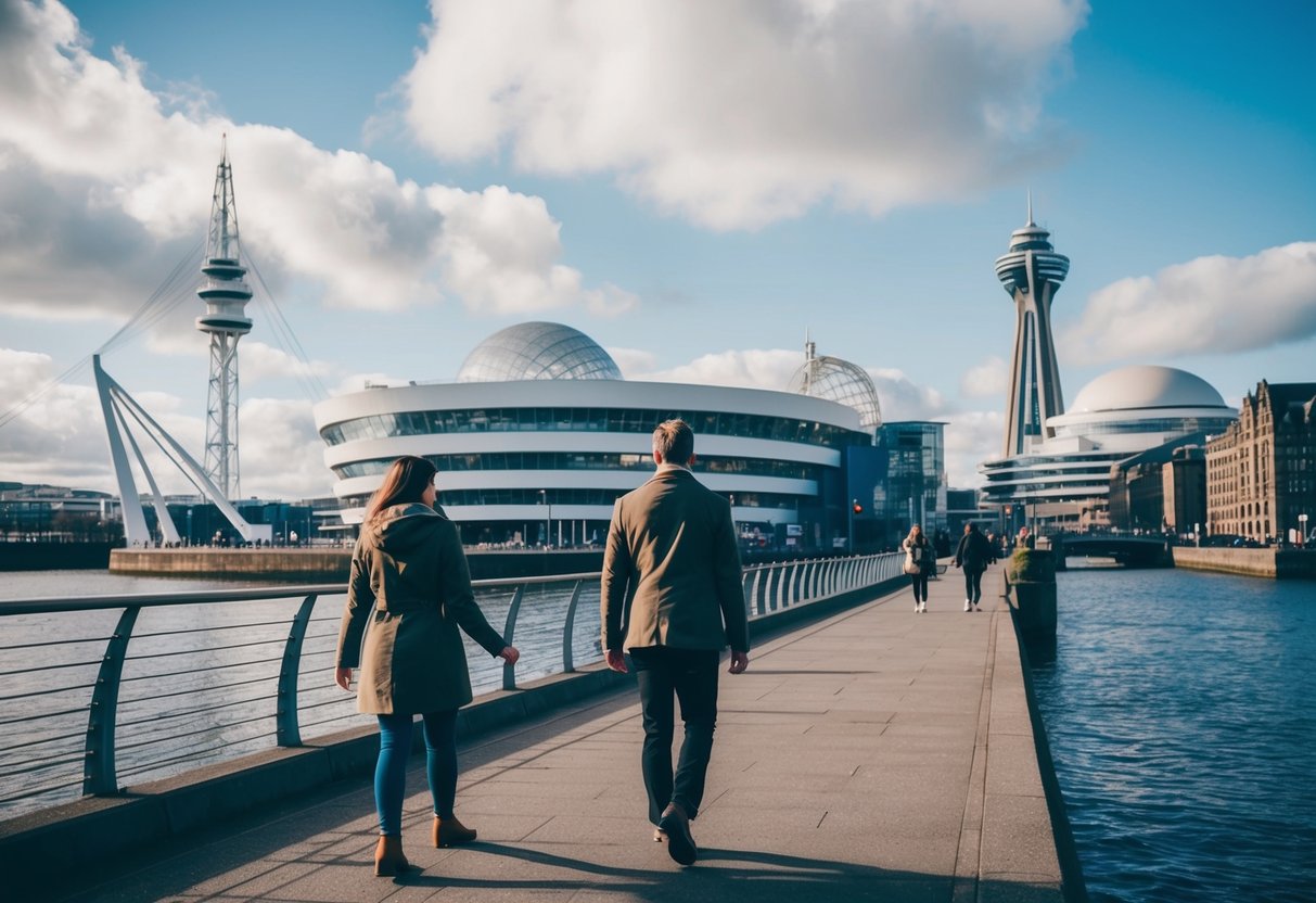 A couple walks along the waterfront, passing by the modern architecture of the Glasgow Science Centre, with the iconic Tower and Planetarium in the background