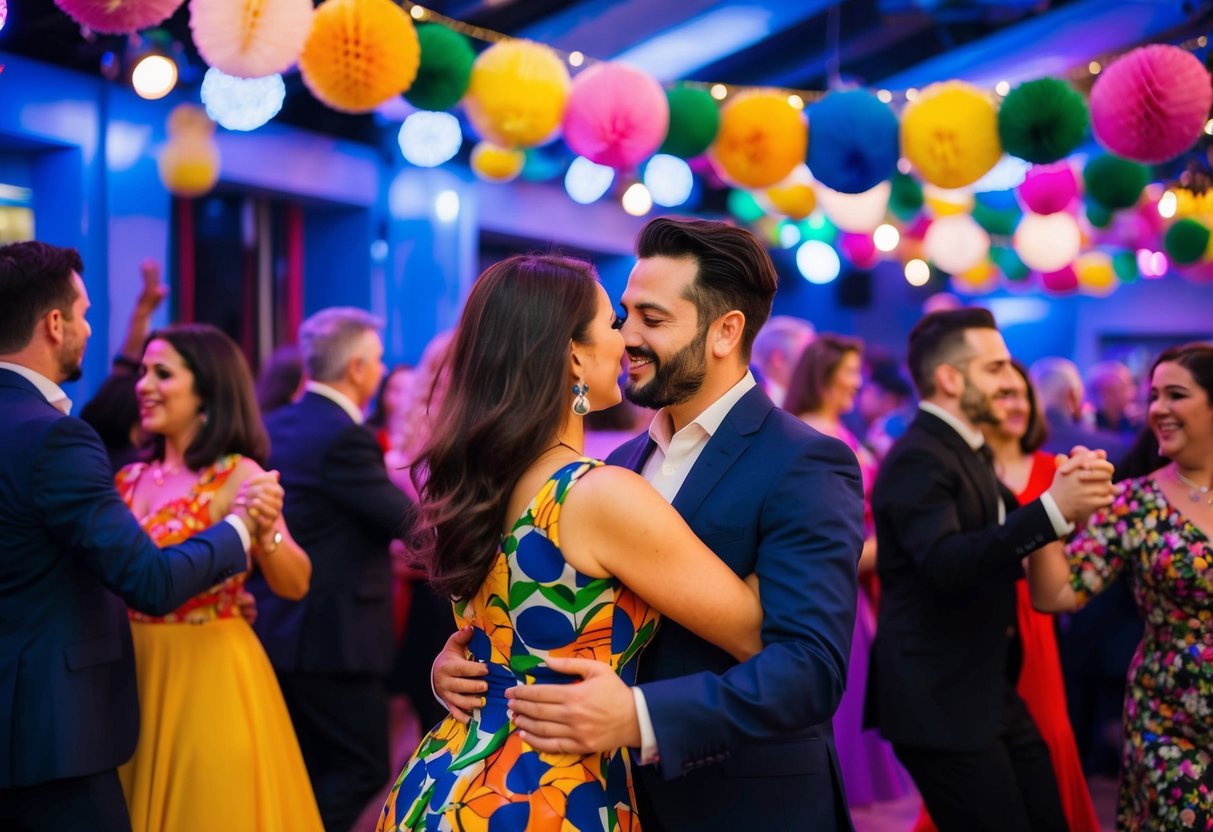 A lively salsa night at Boteco Do Brasil in Glasgow with vibrant music, colorful decor, and couples dancing