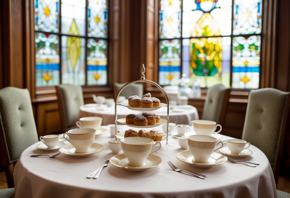 A cozy table set with delicate teacups, saucers, and pastries at the elegant Willow Tearooms in Glasgow, with soft light filtering through ornate stained glass windows